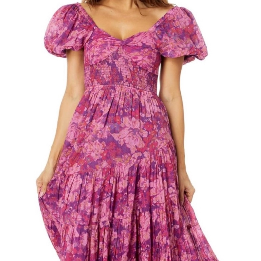 Free People Pink & Purple Floral Puff-Sleeve Tiered Maxi Dress